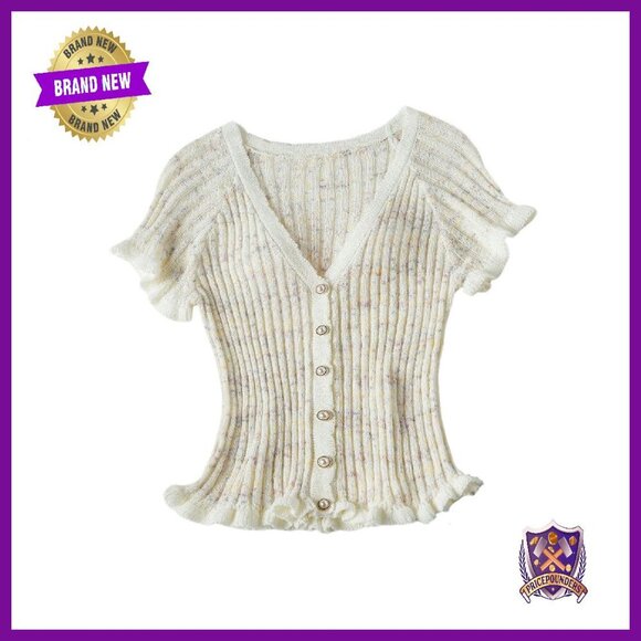 Sweaters - Pearl Beaded Short Sleeve Sweater V-Neck Ruffle Trim Knit Top